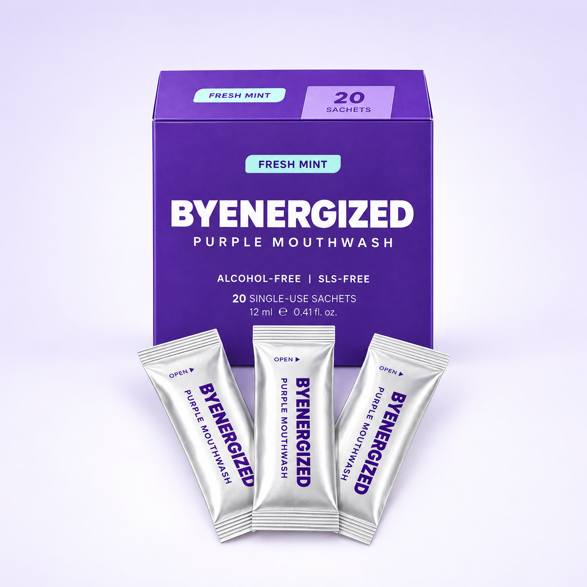 Byenergized Purple Mouthwash box front with three silver sachets on a light lavender background