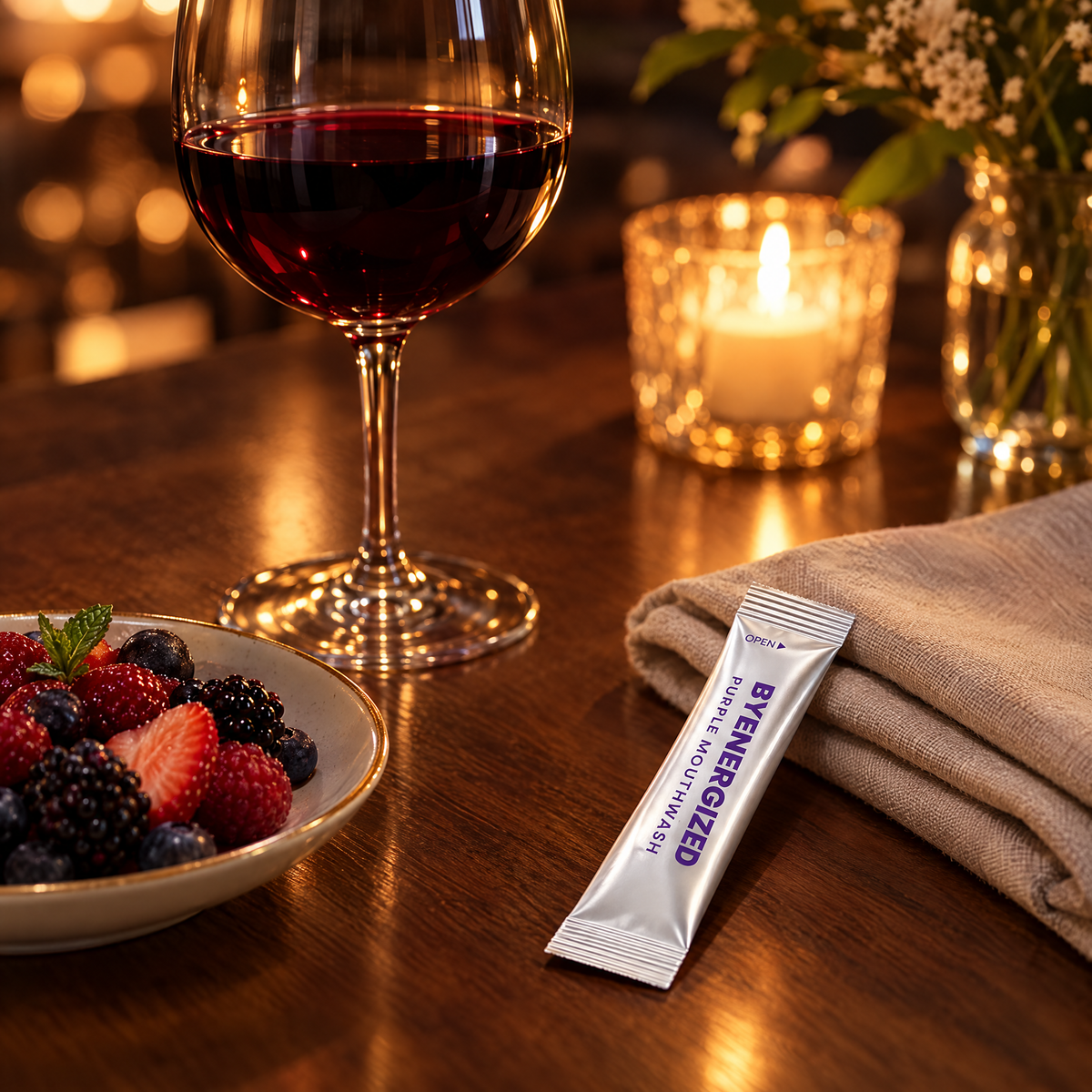 Glass of red wine and berries by candlelight with a Byenergized sachet on the table