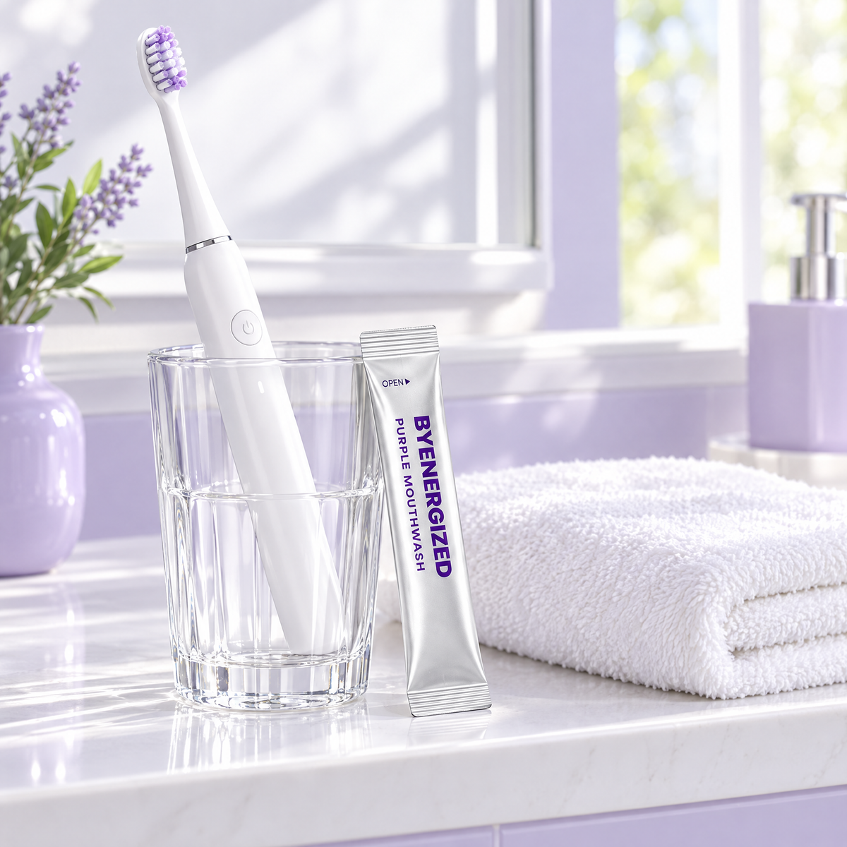 Electric toothbrush in a glass cup with a Byenergized sachet on a bright bathroom shelf