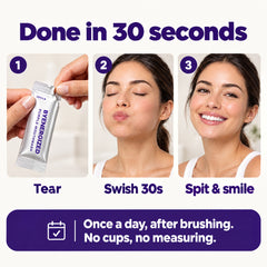 How to use: tear, swish 30 seconds, spit and smile