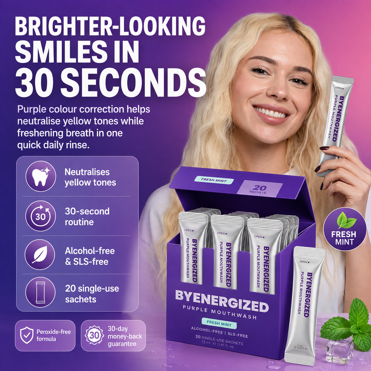BYENERGIZED Purple Mouthwash box open with 20 single-use sachets, brighter-looking smiles in 30 seconds