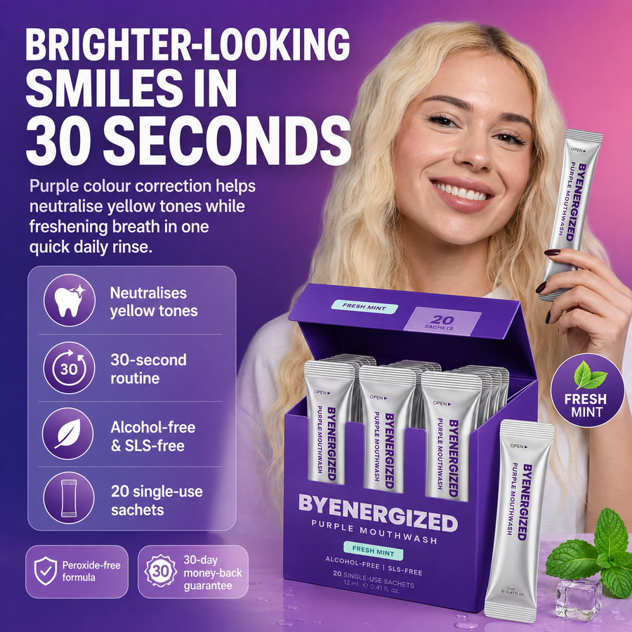 BYENERGIZED Purple Mouthwash box open with 20 single-use sachets, brighter-looking smiles in 30 seconds