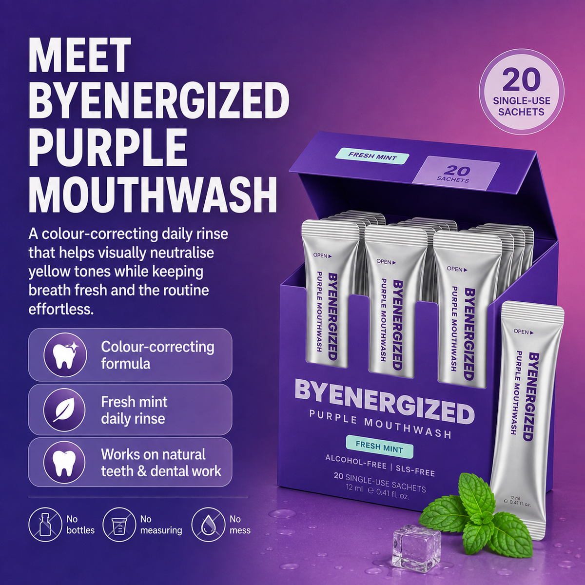 BYENERGIZED Purple Mouthwash colour-correcting daily rinse, 20 single-use sachets, no bottles, no measuring, no mess