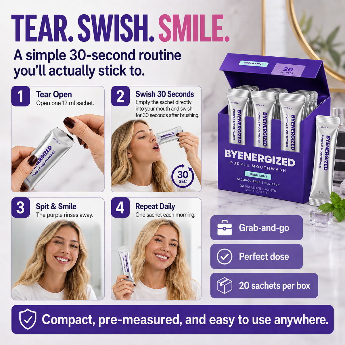 How to use: tear open one 12 ml sachet, swish 30 seconds, spit and smile, repeat daily