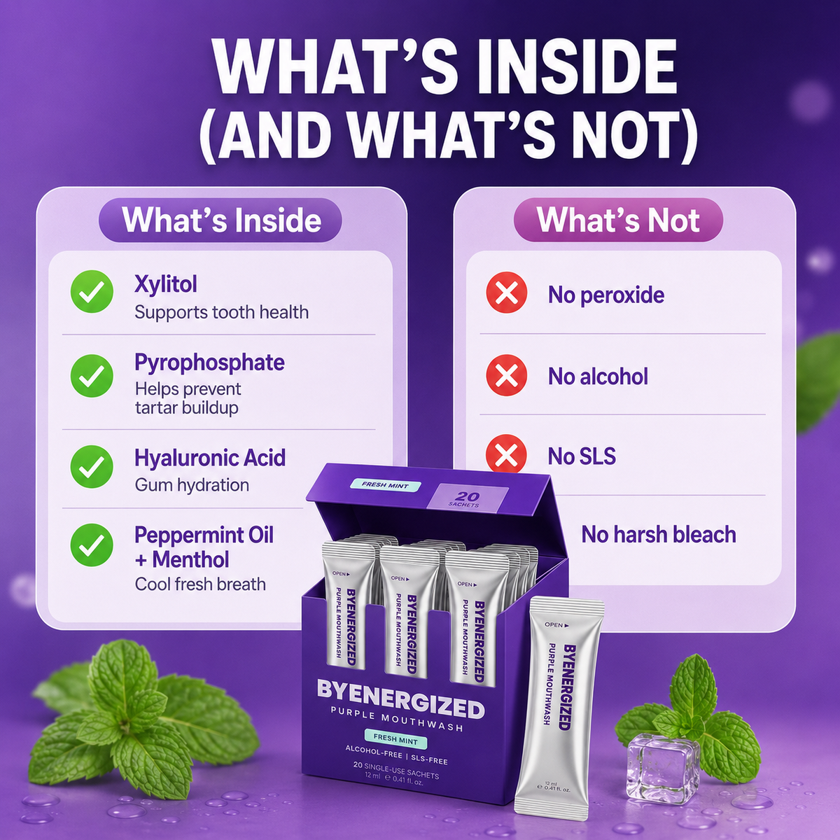 What is inside and what is not: xylitol, pyrophosphate, hyaluronic acid, peppermint oil and menthol. No peroxide, no alcohol, no SLS